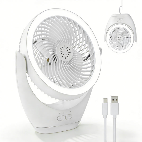 HARPER LIVING Rechargeable Desk Fan, Portable USB Table Fan with LED Light, 3 Speeds Stepless Dimming, Adjustable