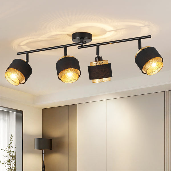 HARPER LIVING 4 Way Ceiling Spotlights, Black & Gold, 4xE14 40W Max, Rotation Heads, Metal Mesh & Fabric Shade