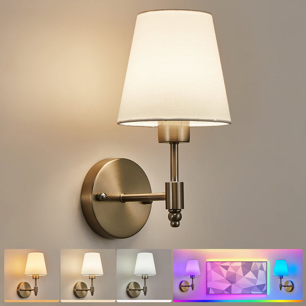 HARPER LIVING Set of 2 Battery Wall Lights, Fabric Lamps with Rechargeable Bulbs, Remote, 3 CCT & 9 RGB, Satin Nickel