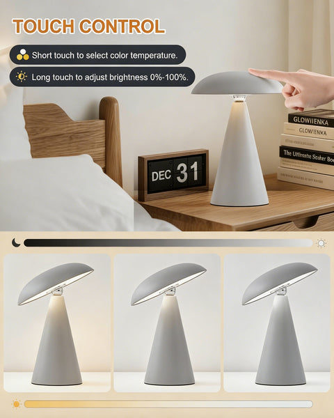 HARPER LIVING Rechargeable Table Lamp, Magnetic Touch Mushroom Bedside Light Dimmable, Portable Desk Lamp, Matt Light Grey