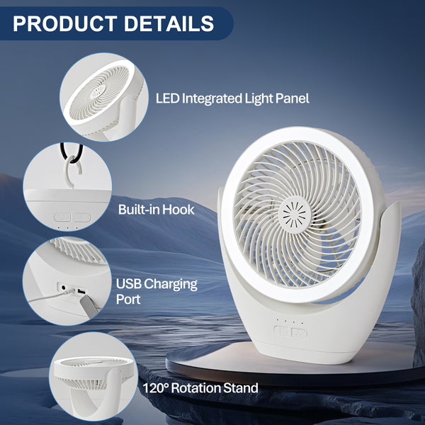 HARPER LIVING Rechargeable Desk Fan, Portable USB Table Fan with LED Light, 3 Speeds Stepless Dimming, Adjustable