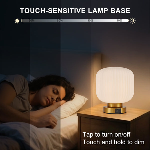 HARPER LIVING Table Lamp with USB-C & USB-A Charging Ports, Touch Control Dimmable E27 Desk Lamp, Cream Glass Shade