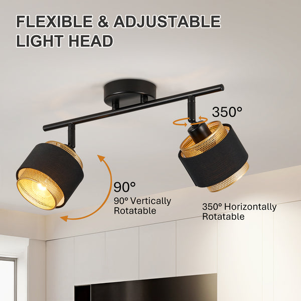 HARPER LIVING 2 Way Ceiling Spotlights, Black & Gold, 2xE14 40W Max, Rotation Heads, Metal Mesh & Fabric Shade