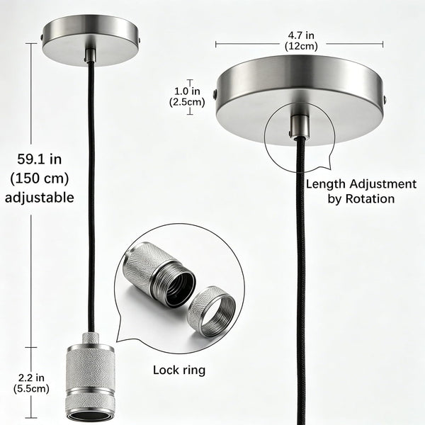 HARPER LIVING Light Fittings Ceilings, E27 Metal Pendant Lamp Holder, Adjustable, Class II Modern Ceiling Rose Satin Nickel