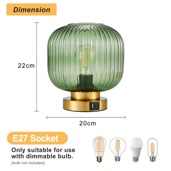 HARPER LIVING Table Lamp with USB-C & USB-A Charging Ports, Touch Control Dimmable E27 Desk Lamp, Green Glass Shade