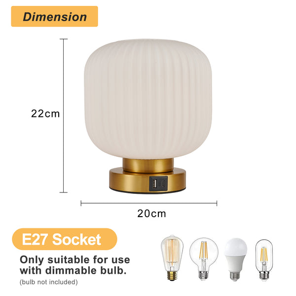 HARPER LIVING Table Lamp with USB-C & USB-A Charging Ports, Touch Control Dimmable E27 Desk Lamp, Cream Glass Shade
