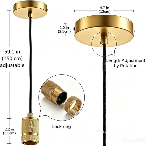 HARPER LIVING Light Fittings Ceilings, E27 Metal Pendant Lamp Holder, Adjustable, Class II Modern Ceiling Rose, Brass