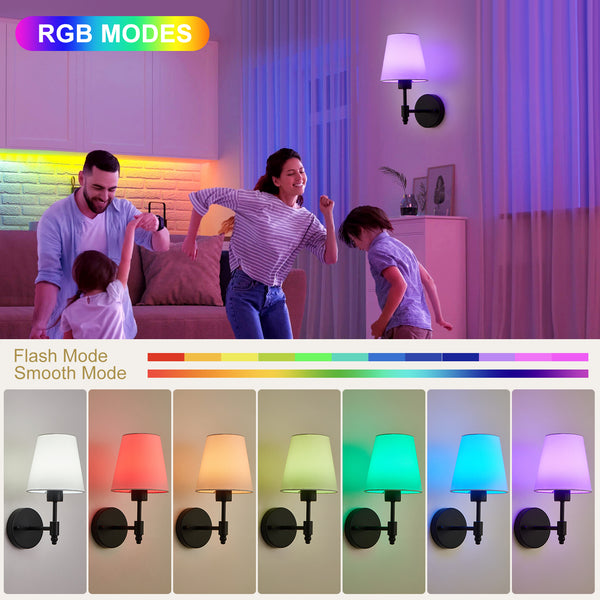 HARPER LIVING Set of 2 Battery Wall Lights, Fabric Lamps with Rechargeable Bulbs, Remote, 3 CCT & 9 RGB Dimmable Black