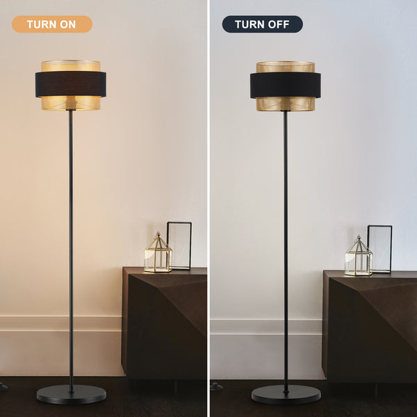 HARPER LIVING Black & Gold Floor Lamp, 40W E27 Standing Lamps for Living Room, Bedroom - Metal Mesh & Fabric Shade