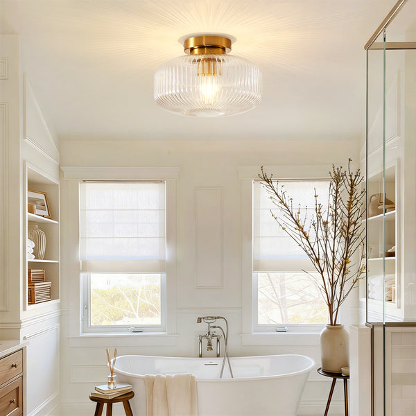 HARPER LIVING Ceiling Light Brass Finish, 27cm Vintage Ceiling Lamp with Textured Glass Shade, E27 Socket IP44 Flush Mount Lighting