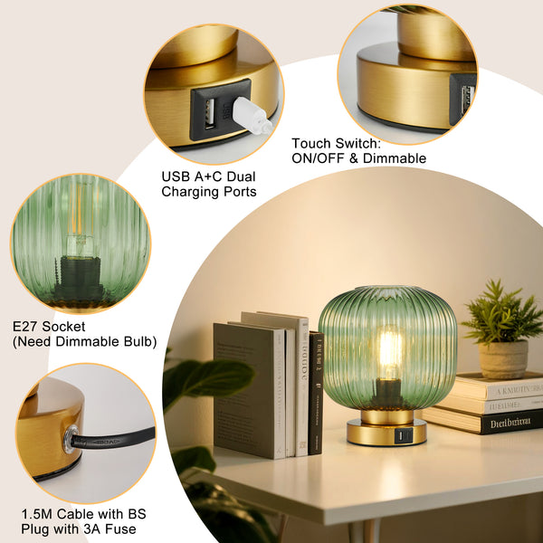 HARPER LIVING Table Lamp with USB-C & USB-A Charging Ports, Touch Control Dimmable E27 Desk Lamp, Green Glass Shade