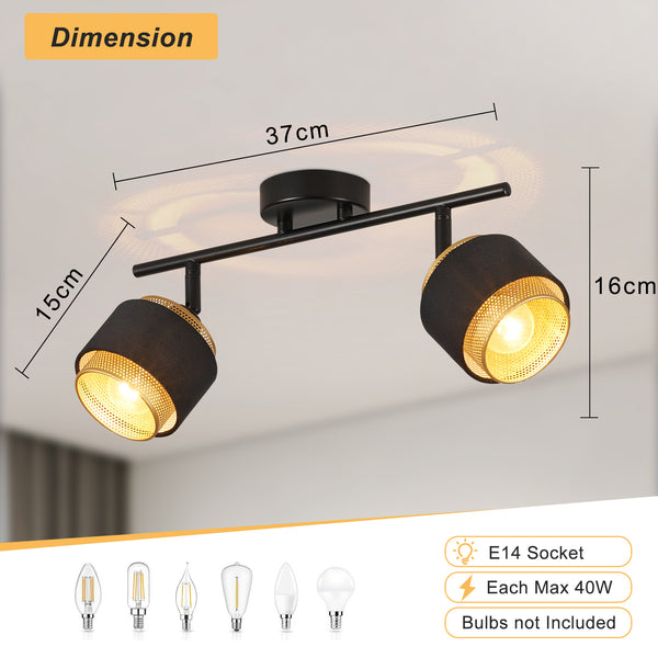 HARPER LIVING 2 Way Ceiling Spotlights, Black & Gold, 2xE14 40W Max, Rotation Heads, Metal Mesh & Fabric Shade