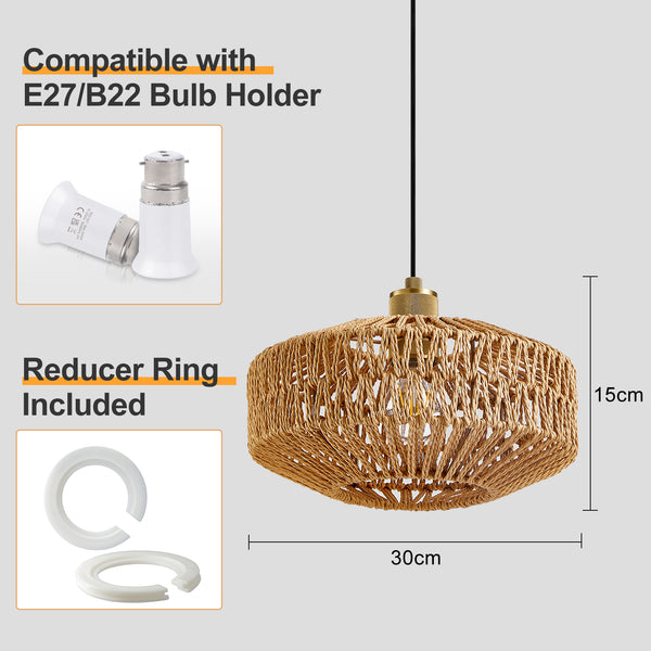 HARPER LIVING Easy Fit Handwoven Rope Ceiling Light Shade with Reducer Ring, E27/B22 Woven Shade for Pendant Lights & Floor Lamps