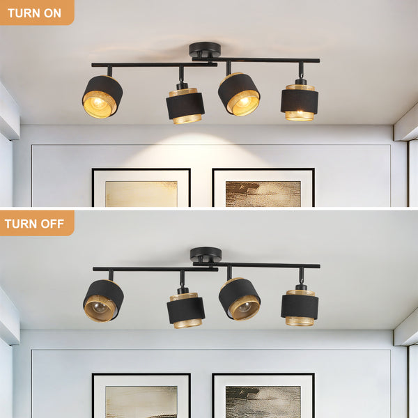 HARPER LIVING 4 Way Ceiling Spotlights, Black & Gold, 4xE14 40W Max, Rotation Heads, Metal Mesh & Fabric Shade