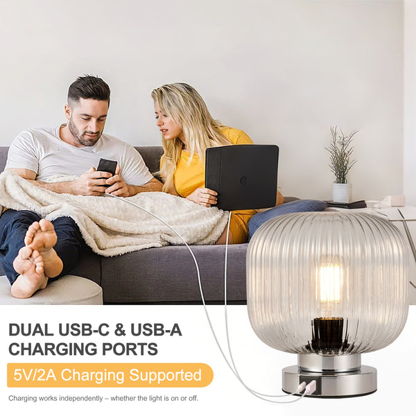 HARPER LIVING Table Lamp with USB-C & USB-A Charging Ports, Touch Control Dimmable E27 Desk Lamp, Clear Glass Shade