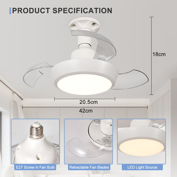 HARPER LIVING Ceiling Fans with Lights, E27 Screw in Fan Lamp with 3 Retractable Blades, 30W 1400LM Dimmable White