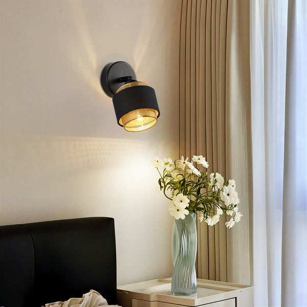 HARPER LIVING Black & Gold Wall Light, Modern Wall Lamp Indoor E14 Socket, Rotatable, Metal Mesh & Fabric Shade