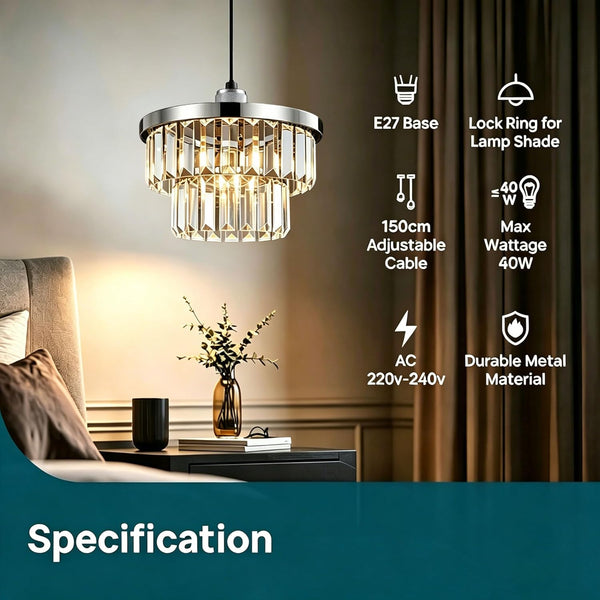 HARPER LIVING Light Fittings Ceilings, E27 Metal Pendant Lamp Holder, Adjustable, Class II Modern Ceiling Rose Satin Nickel