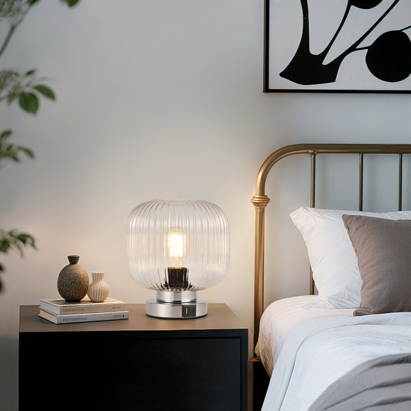 HARPER LIVING Table Lamp with USB-C & USB-A Charging Ports, Touch Control Dimmable E27 Desk Lamp, Clear Glass Shade
