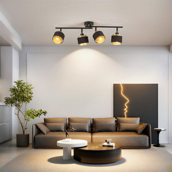 HARPER LIVING 4 Way Ceiling Spotlights, Black & Gold, 4xE14 40W Max, Rotation Heads, Metal Mesh & Fabric Shade