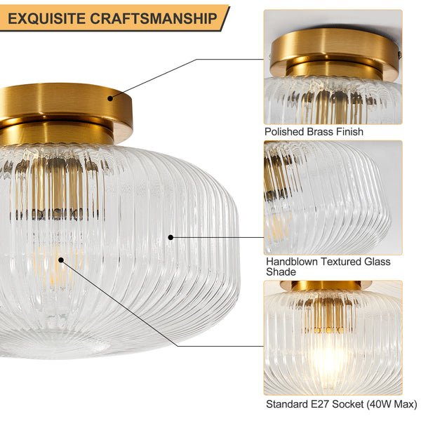 HARPER LIVING Ceiling Light Brass Finish, 27cm Vintage Ceiling Lamp with Textured Glass Shade, E27 Socket IP44 Flush Mount Lighting