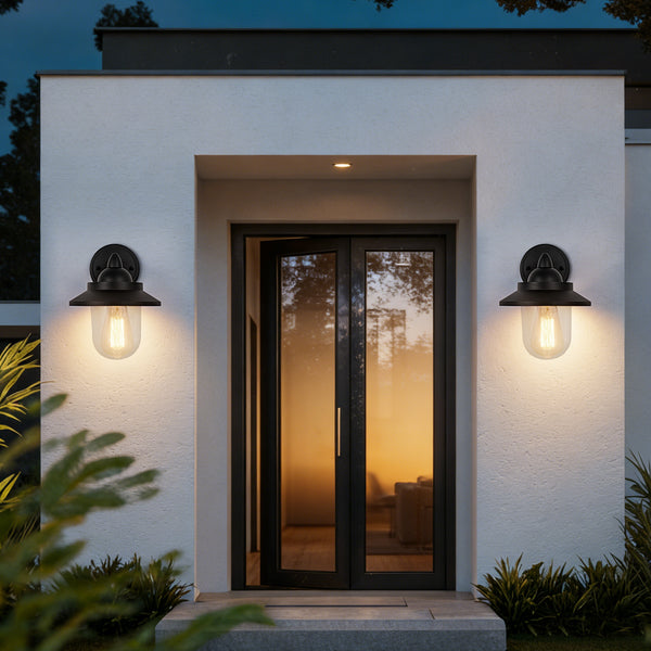 HARPER LIVING Outdoor Wall Light, E27 Outside Wall Lamp Mains Powered with Clear Shade, IP54 Weatherproof Aluminium, Retro Exterior light