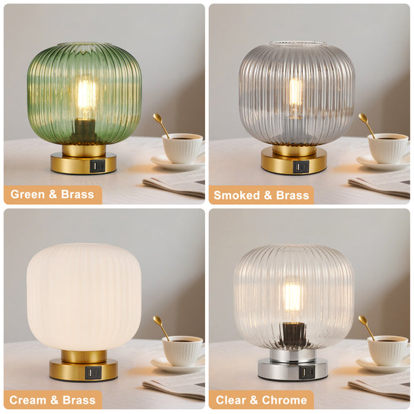 HARPER LIVING Table Lamp with USB-C & USB-A Charging Ports, Touch Control Dimmable E27 Desk Lamp, Green Glass Shade
