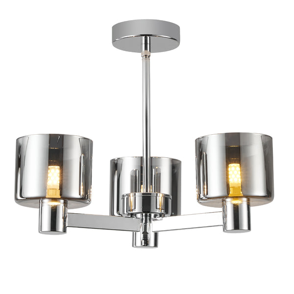 3 Lights Semi Flush Ceiling Lamp with Smoked Glass Shades, Chrome Finish