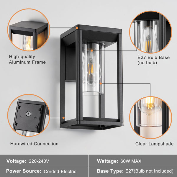 Outdoor Wall Lights Lantern Mains Powered, Black Aluminum, Outside Wall Lamp with Clear Shade, Security Lights for Porch Front Door